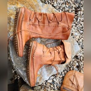 Tan Leather Lace-Up Boots Boho